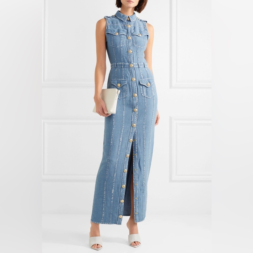 Balmain Long Denim Dress in Blue
